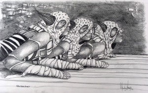 Clothed Race Horses, ©2003- graphite on paper, 25x30 cm (10x12)